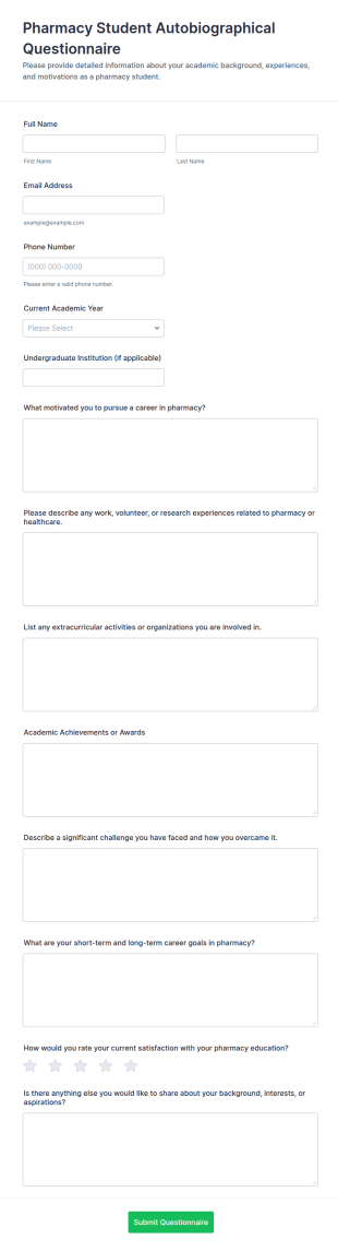 Pharmacy Student Autobiographical Questionnaire Form Template