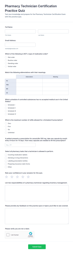 Pharmacy Technician Certification Practice Quiz Form Template