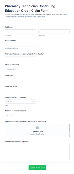 Pharmacy Technician Continuing Education Credit Claim Form Template