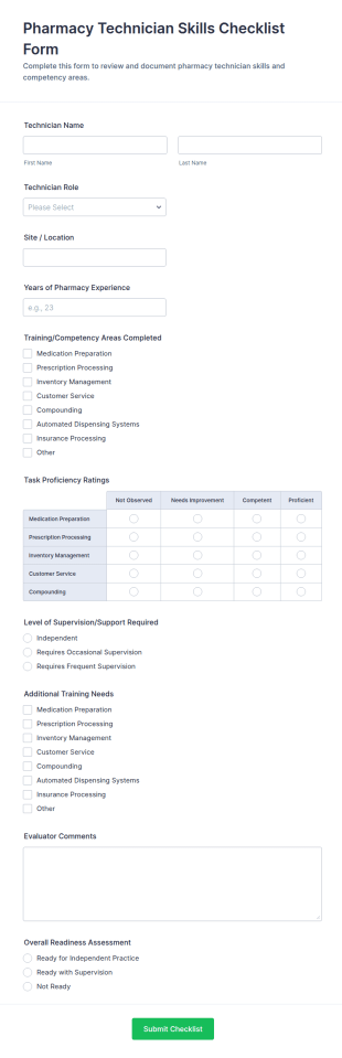 Pharmacy Technician Skills Checklist Form Template