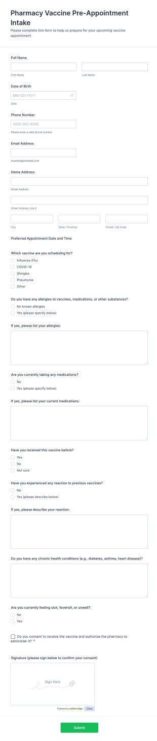 Pharmacy Vaccine Pre Appointment Intake Form Template