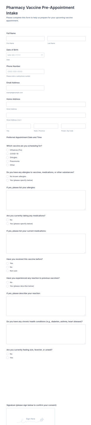 Pharmacy Vaccine Pre Appointment Intake Form Template