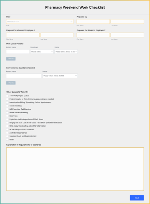 Pharmacy Weekend Work Checklist Form Template