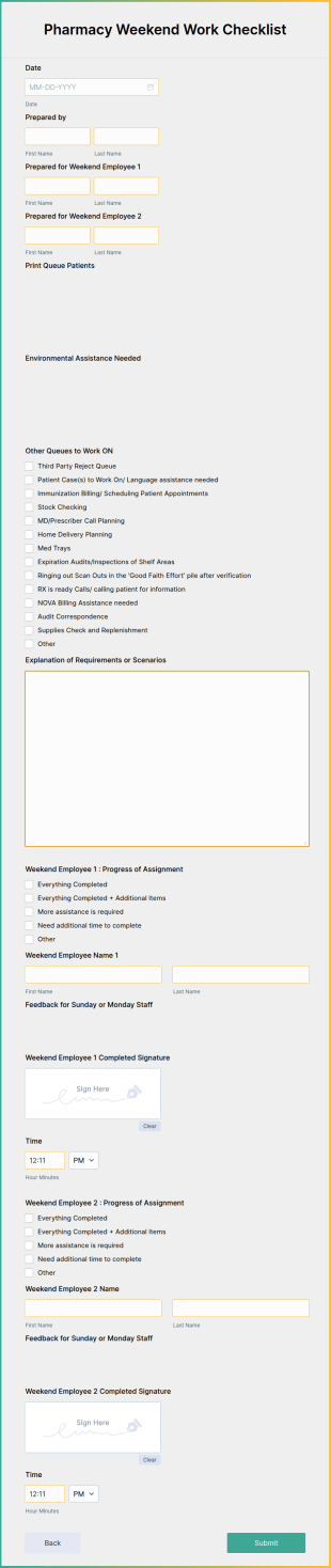 Pharmacy Weekend Work Checklist Form Template