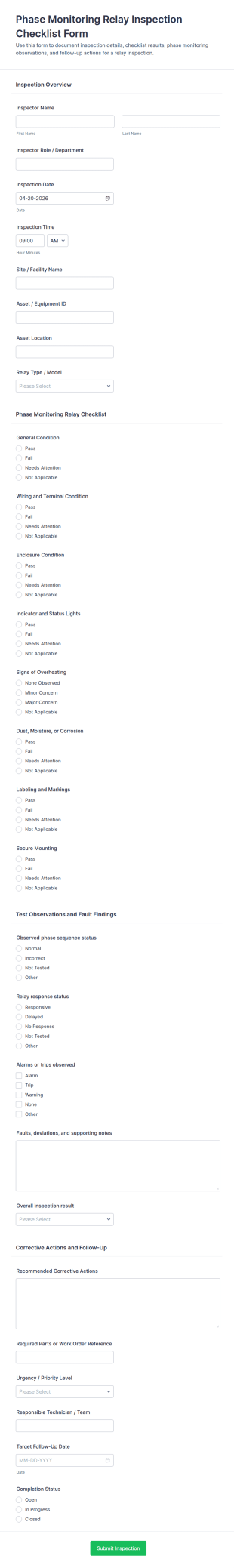 Phase Monitoring Relay Inspection Checklist Form Template