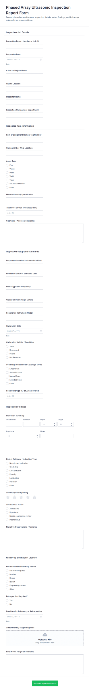 Phased Array Ultrasonic Inspection Report Form Template
