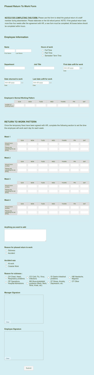 Phased Return To Work Form Template