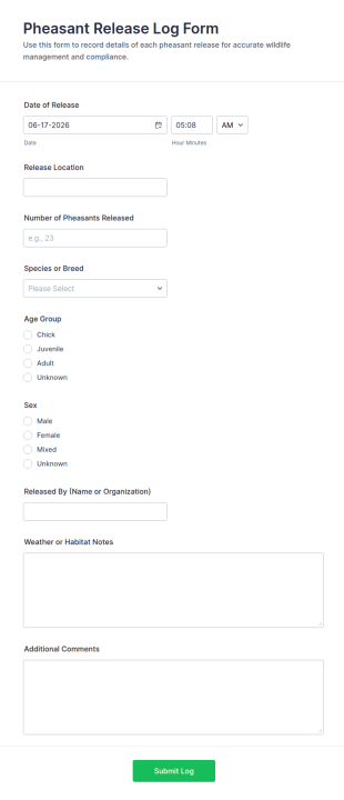 Pheasant Release Log Form Template