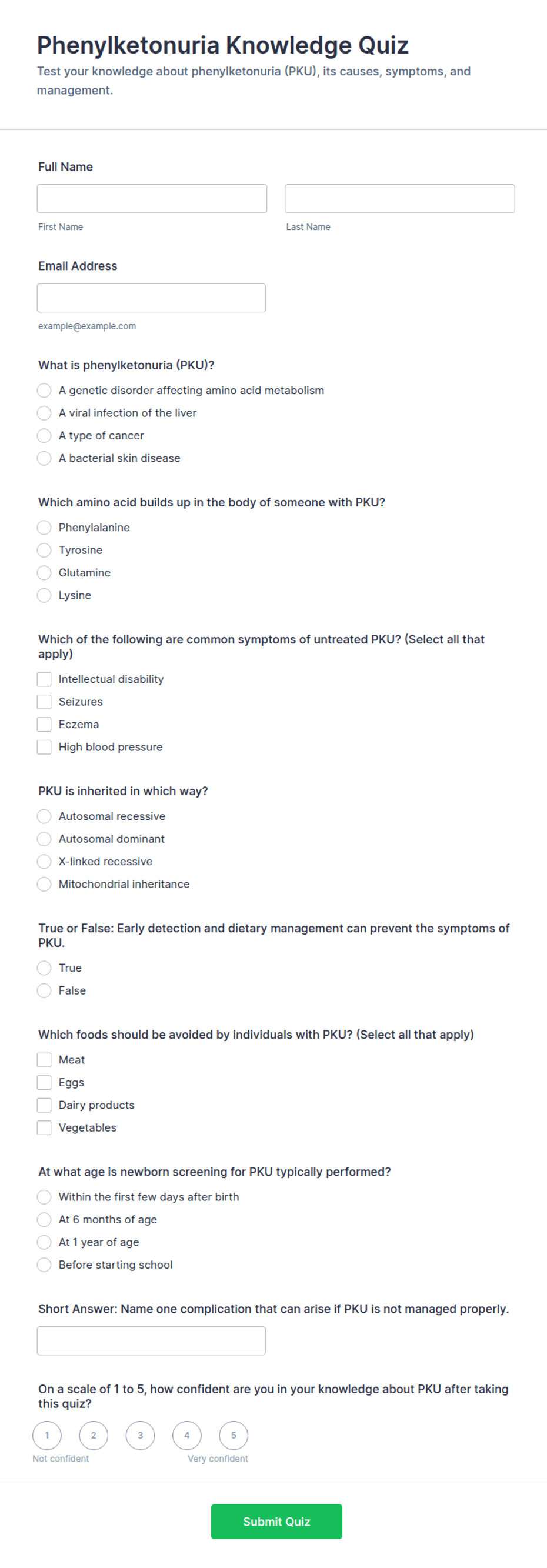 Phenylketonuria Knowledge Quiz Form Template | Jotform
