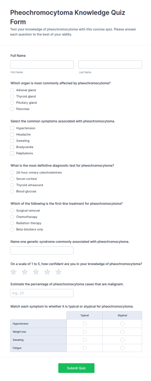 Pheochromocytoma Knowledge Quiz Form Template