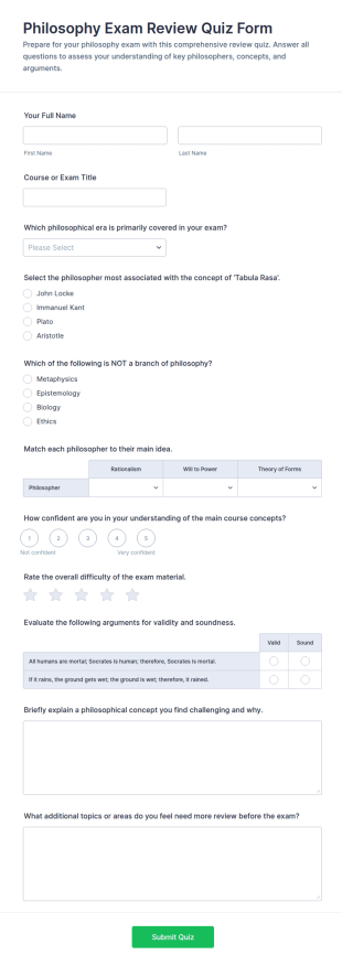 Philosophy Exam Review Quiz Form Template