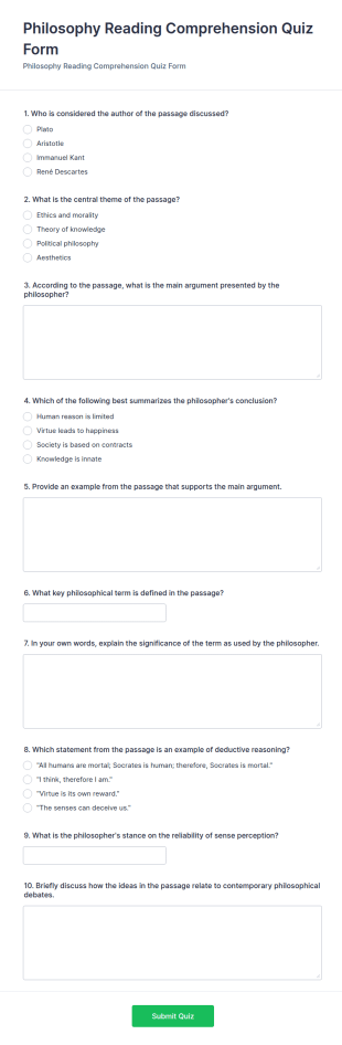 Philosophy Reading Comprehension Quiz Form Template