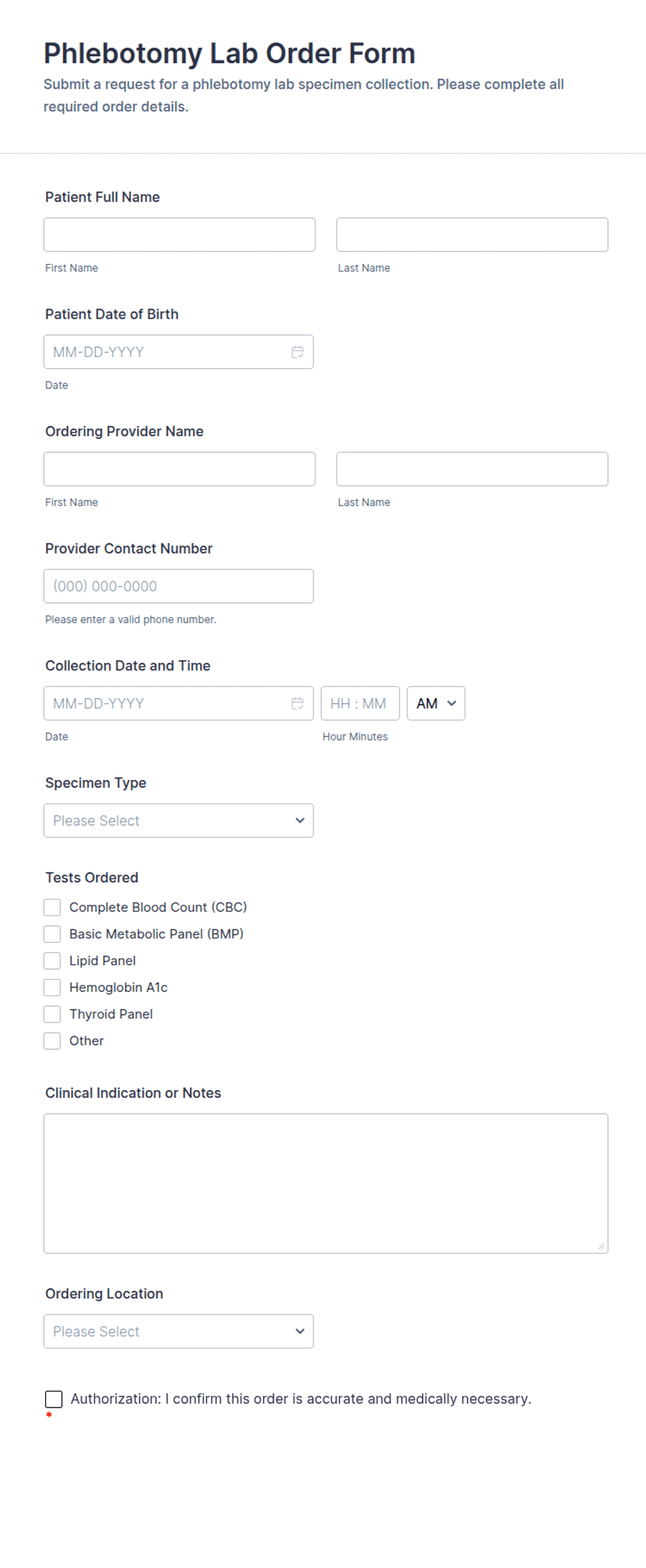 Phlebotomy Lab Order Form Template | Jotform