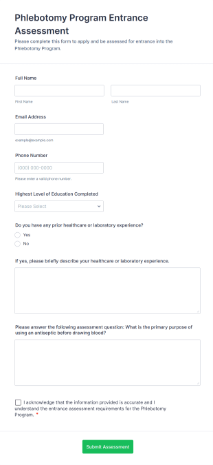 Phlebotomy Program Entrance Assessment Form Template