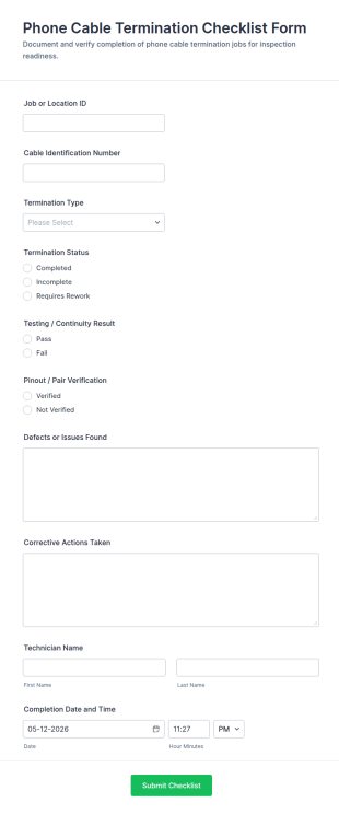 Phone Cable Termination Checklist Form Template