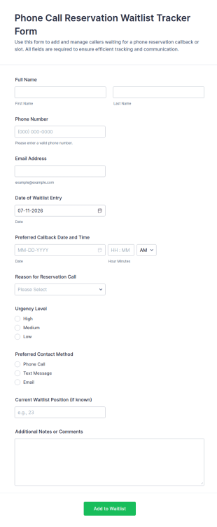 Phone Call Reservation Waitlist Tracker Form Template