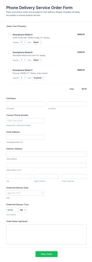 Phone Delivery Service Order Form Template