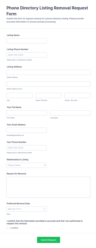 Phone Directory Listing Removal Request Form Template