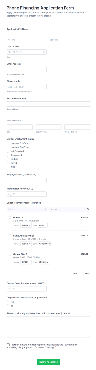 Phone Financing Application Form Template