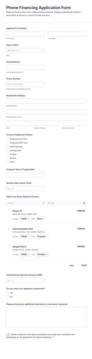 Phone Financing Application Form Template