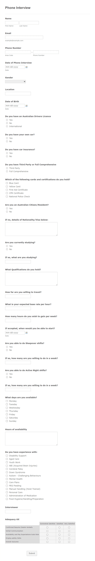 Phone Interview Form Template