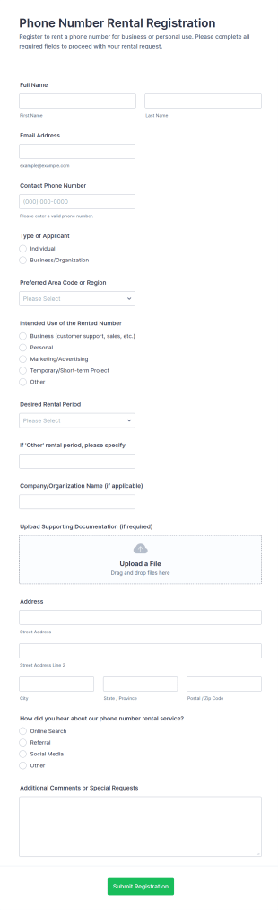 Phone Number Rental Registration Form Template