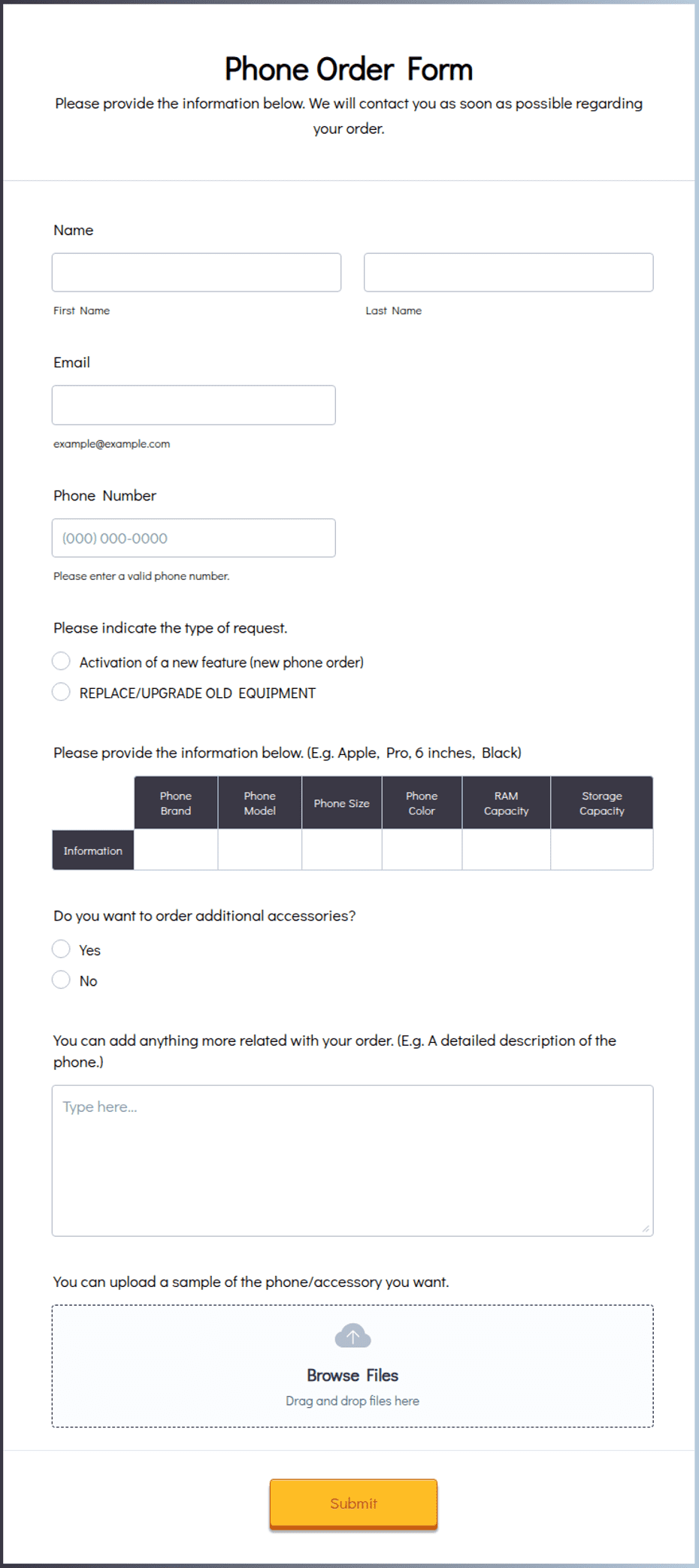Phone Order Form Template | Jotform