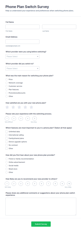 Phone Plan Switch Survey Form Template