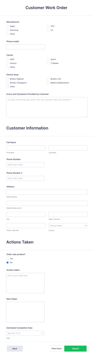 Phone Repair Form Template