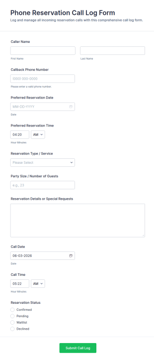 Phone Reservation Call Log Form Template