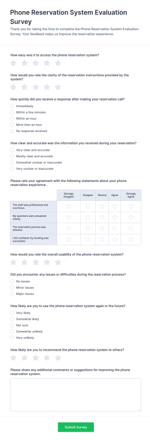 Phone Reservation System Evaluation Survey Form Template