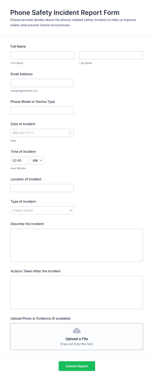 Phone Safety Incident Report Form Template