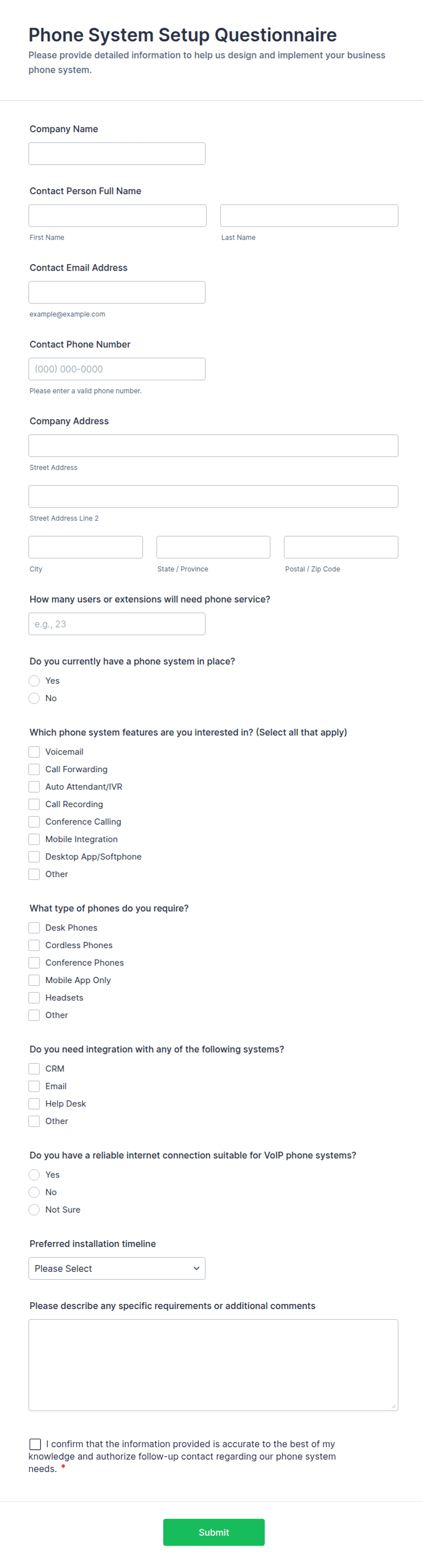 Phone System Setup Questionnaire Form Template | Jotform