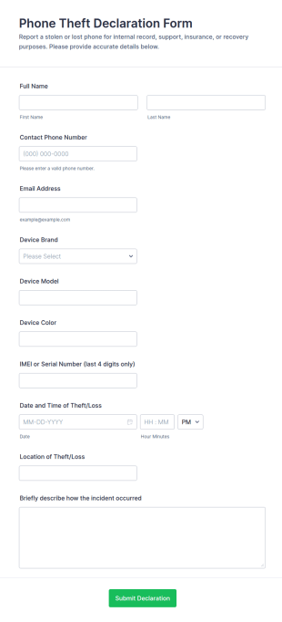 Phone Theft Declaration Form Template