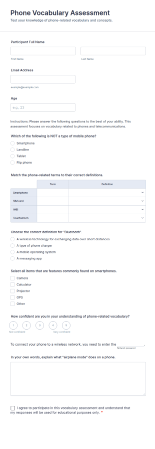 Phone Vocabulary Assessment Form Template