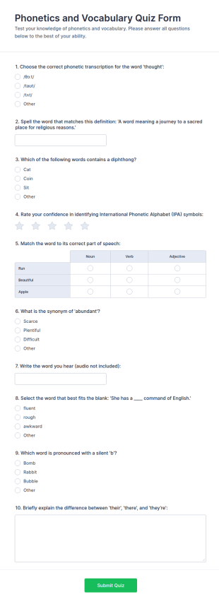 Phonetics And Vocabulary Quiz Form Template