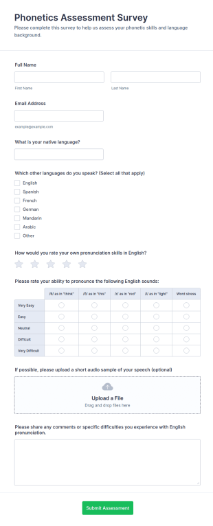 Phonetics Assessment Survey Form Template