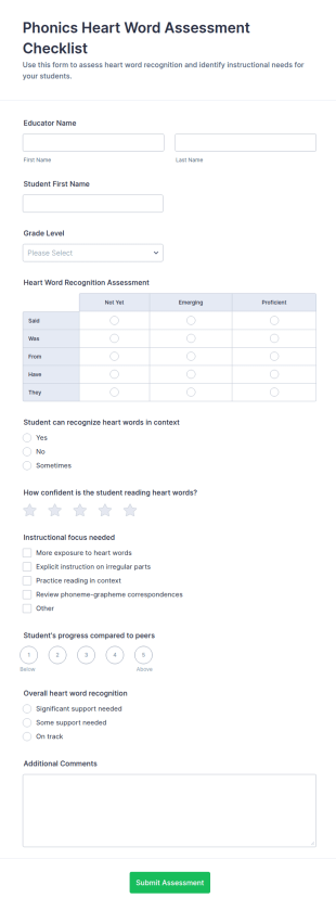 Phonics Heart Word Assessment Checklist Form Template