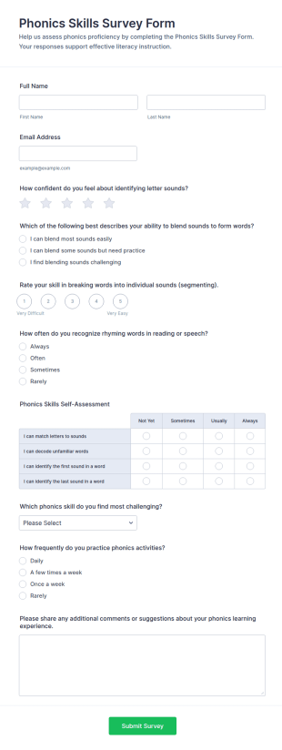 Phonics Skills Survey Form Template