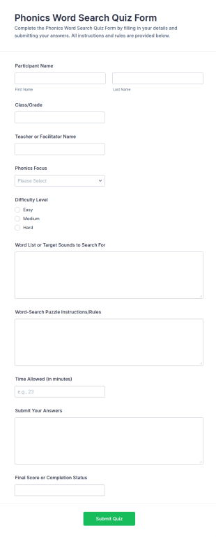 Phonics Word Search Quiz Form Template