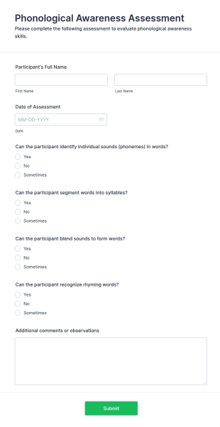 Phonological Awareness Assessment Form Template