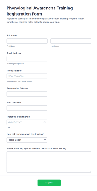 Phonological Awareness Training Registration Form Template