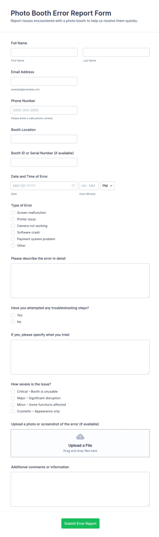 Photo Booth Error Report Form Template