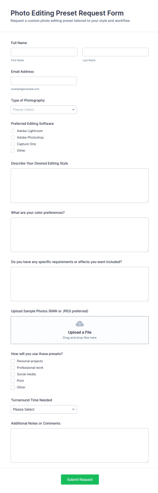 Photo Editing Preset Request Form Template