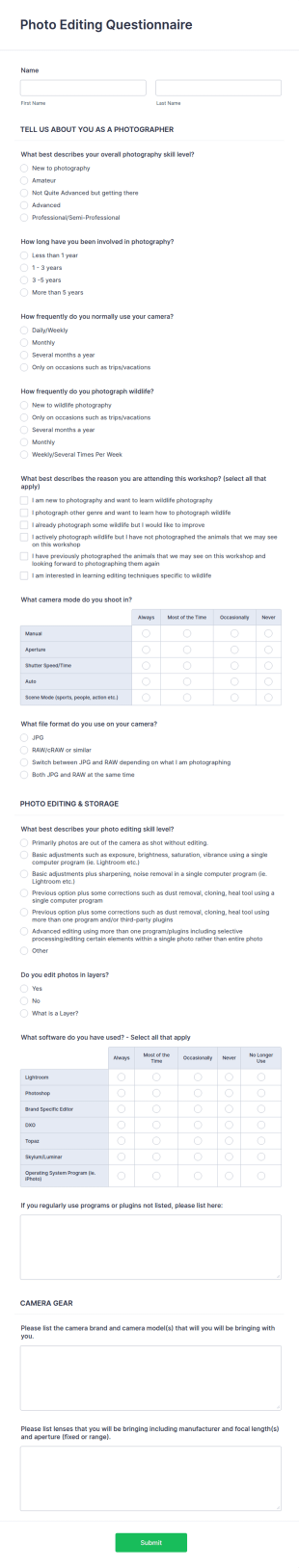 Photo Editing Questionnaire Form Template