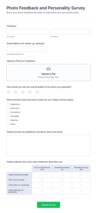 Photo Feedback And Personality Survey Form Template