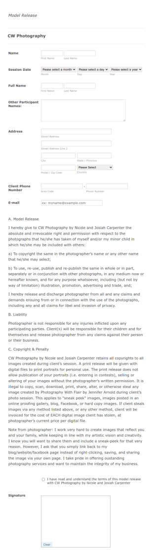 Photo Model Release Form Template