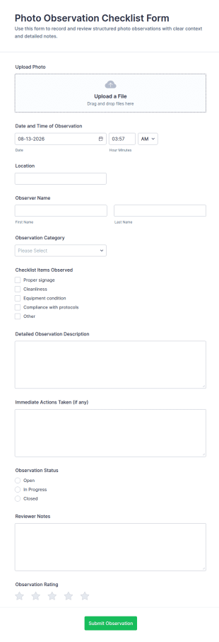 Photo Observation Checklist Form Template
