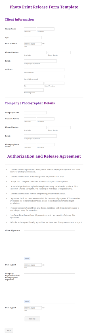 Photo Print Release Form Template