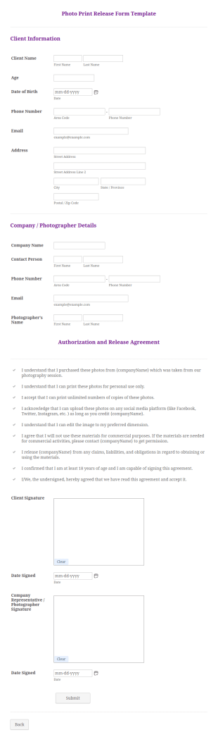Photo Print Release Form Template